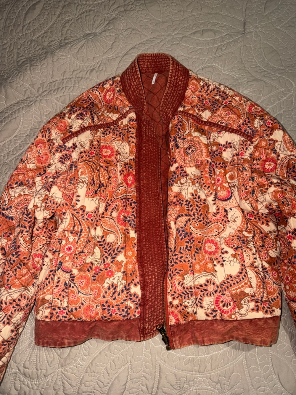 Free People Quilted Coral-Pink Bomber Jacket with Paisley Lining